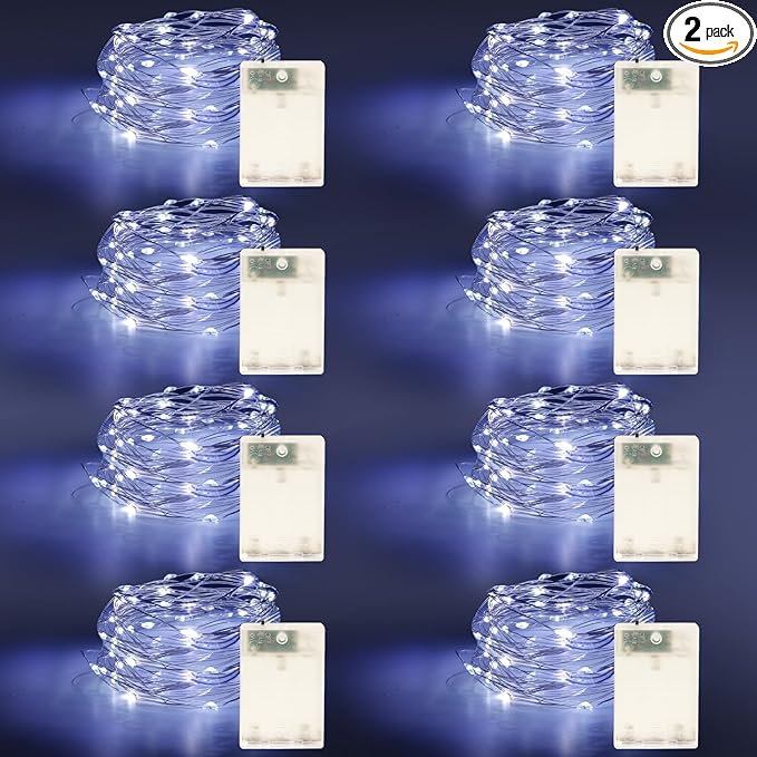 Fairy Lights Battery Operated String Lights 16.4ft 50LED Flashing and Constant Light Waterproof Silver Wire for Christmas DIY Party Bedroom Wedding (White, 8 Pack)