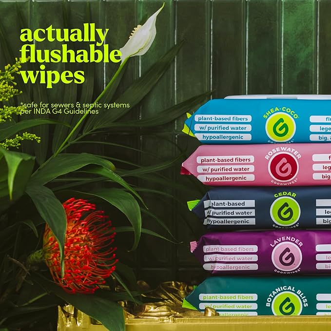 goodwipes Flushable Butt Wipes - Vitamin E & Aloe - Sewer & Septic Safe - Extra Large Adult Wet Wipes For Women & Men - Bathroom Essentials - Shea-Coco, 418 Count (8 Packs + 1 Travel)