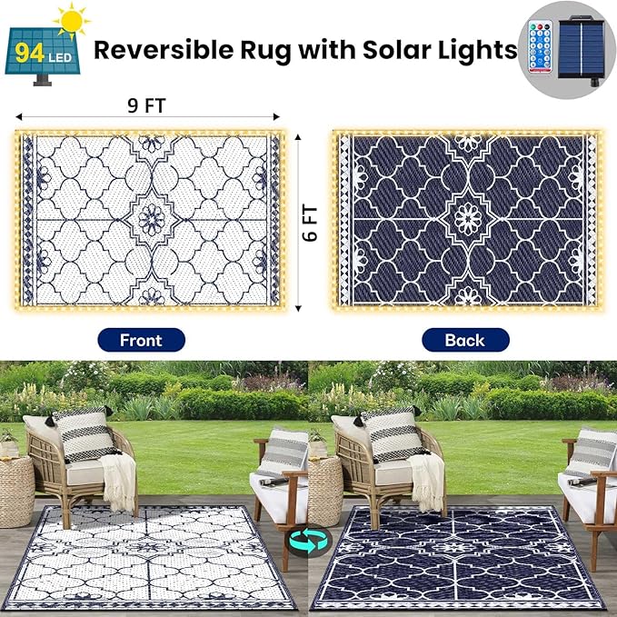 6x9Ft Outdoor Rug, Solar Powered Outdoor Rug with 94LEDs Strip Lights for House Deck, Waterproof Plastic Reversible Outdoor Straw Rugs, Rugs Mat RV Camping Patio Beach Balcony Picnic (Blue White)