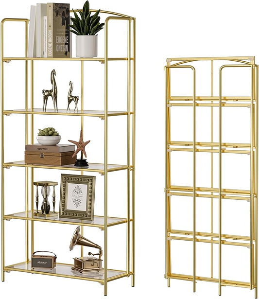 Crofy No Assembly Folding Bookshelf for Living Room, 5 Tier Gold Collapsible Book Shelf for Home Office, Portable Bookcase Storage Organizer
