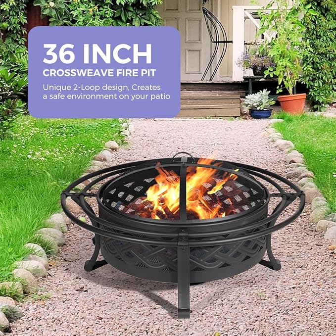 36 Inch Fire Pit with 2 Loops,Crossweave Wood Burning Fire Pits for Outside,with Spark Screen,Fire Poker,Round Outdoor Firepit for Patio,Yard,Garden,Camping,Bonfire(36''Black)