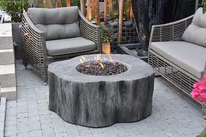 Elementi | Bundle Manchester Gas Fire Pit Cast Concrete Semi-Round Fire Table, Outdoor Fire Pit Electronic Ignition | Canvas Cover, Lava Rock Included | Classic Gray (Propane Gas)