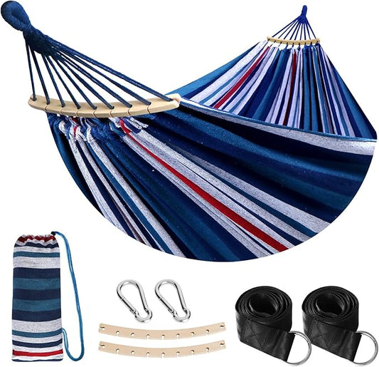 Anyoo Garden Cotton Hammock Comfortable Fabric Hammock with Spreader Bar Sturdy Hammocks Up to 450lbs Portable Lightweight Hammocks with Travel Bag for Camping Outdoor/Indoor Patio Backyard