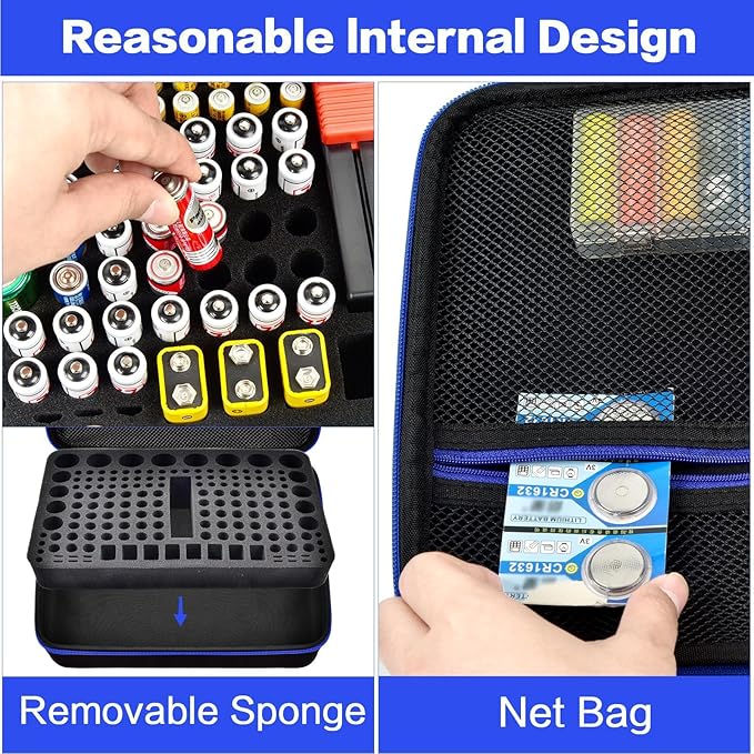 casmilee Storage Case & Battery Organizer with Tester for 162+ AA AAA 4A C D 9V 3V Lithium LR44 CR2 CR123 CR1632 CR2032 18650 Button - Batteries Not Included Blue