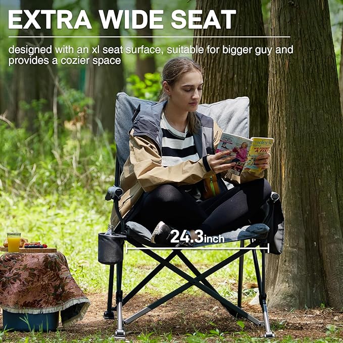 EVER ADVANCED Oversized Folding Camping Chair for Adults, Heavy Duty Lawn Chair with Side Pockets, Portable Collapsible Quad Chair for Outside, Support Up to 500lbs