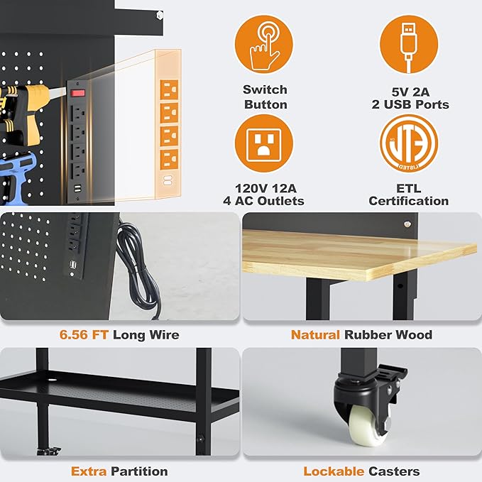 60" Heavy Duty Adjustable Workbench with Large Pegboard& Partition, Adjustable Work Table with Power Outlets & Lockable Wheels, Rubber Wood Workstation for Garage, Workshop, Office, Home, Commercial