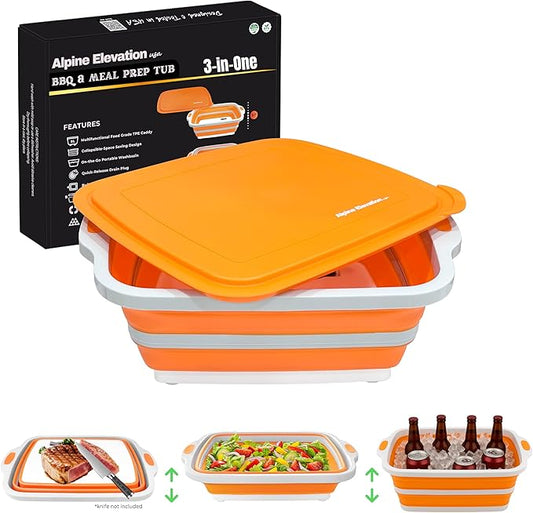 Collapsible Large (8L) BBQ Marinating Tub w/Cutting Board | Multipurpose Food-Grade TPE Prep Tub w/Lid | Built-in Colander & Drain Plug - for Camping | Tailgate | Picnic - Bold Orange