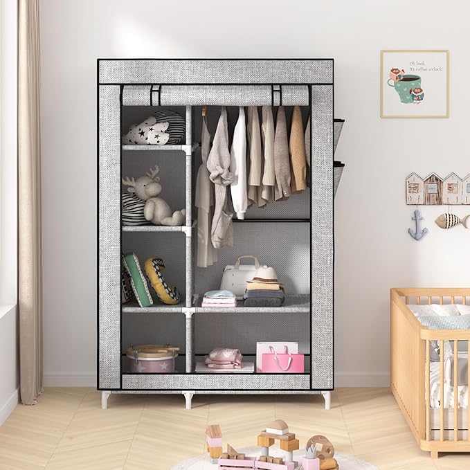Calmootey Portable Closet Organizers, Clothing Storage, Wardrobe with 6 Shelves and Hanging Rod, Non-Woven Fabric Cover with 4 Side Pockets, Ash Grey