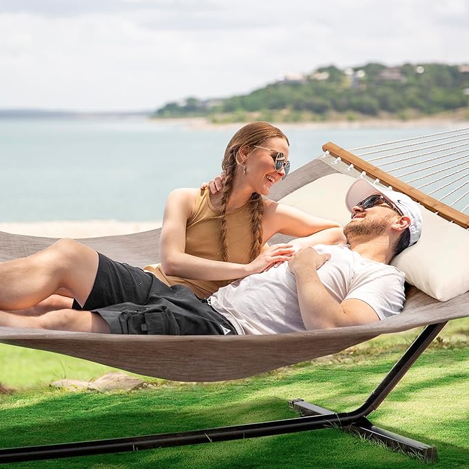 SUNCREAT Portable Hammock with Stand Included, Stand Alone Backyard Hammock for 2 Person, 450 lbs Capacity, Brown