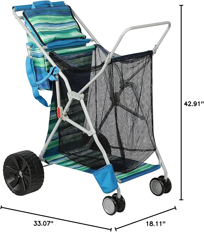 Beach Cart with Big Wheels for Sand, Collapsible All-Terrain Beach Wagon with Cooler Bag & Umbrella Holder, Large Mesh Storage, Supports 100lbs for Camping, Outdoor, Shopping, Dark Blue Stripes
