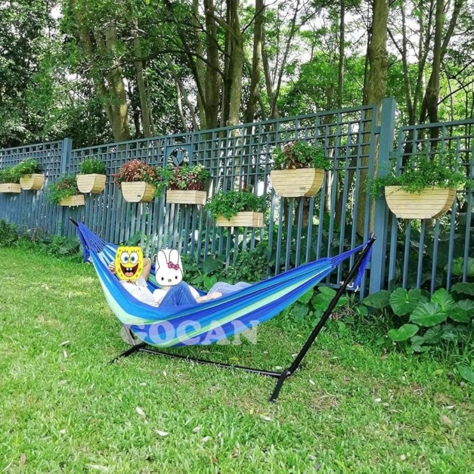 Brazilian Double Hammock 2 Person Extra Large 220x160cm Total Length 330cm Load 500lb Canvas Cotton Hammock for Patio Porch Garden Backyard Lounging Outdoor and Indoor(Blue/Green) XXL