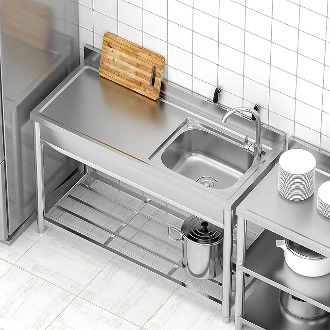 Free Standing Stainless-Steel Single Bowl, Commercial Restaurant Kitchen Sink Set w/Faucet & Drainboard, Prep & Utility Washing Hand Basin w/Workbench & Storage Shelves Indoor Outdoor (47in)