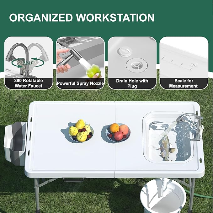 Folding Fish Cleaning Table with Sink, 50"x27" Bi-Folding Portable Camping Sink Station with Drain Hose, Trash Can, Gloves and Cleaning Kits, Foldable Outdoor Sink for Camping, Fishing, BBQ