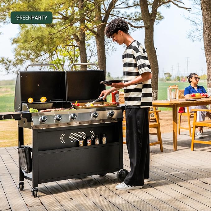 5 Burner Griddle Grill Combo, 2 in 1 Propane Gas BBQ Grill with Porcelain-Enameled Cast Iron Grates & Pan, Outdoor Flat Top Griddle, 695 Sq. In. Propane Barbecue Grill for Patio Backyard Balcony