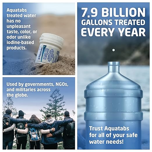 Aquatabs 397mg Water Purification Tablets (100 Pack). Water Filtration System for, Camping, Boating, Emergencies, Survival, RVs, and Marine-Use. Easy to Use Treatment and Disinfection.