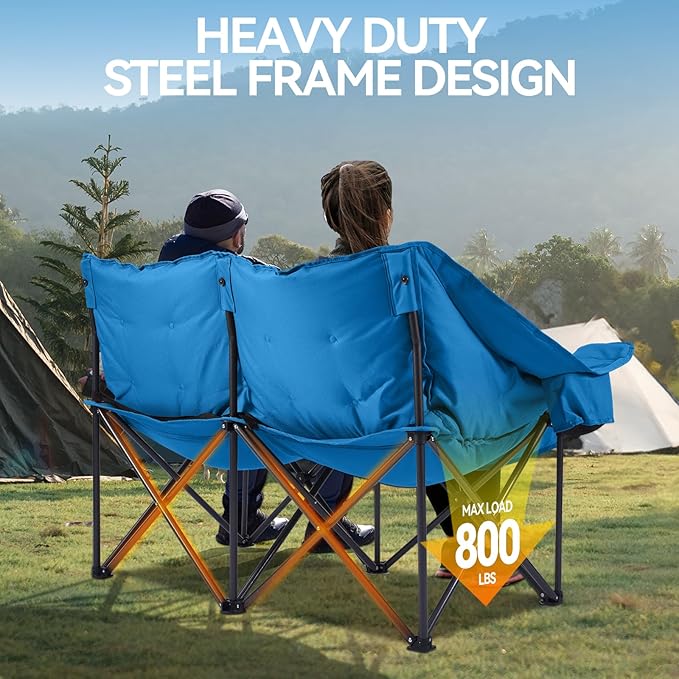 Double Camping Chairs Padded Loveseat Chair for 2 Person - Heavy Duty Oversized Camping Couch for Adults Outdoor Lawn Beach - Portable Folding Sofa with Cup Holders and Carry Bag, Bright Blue
