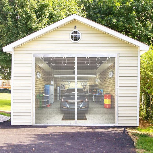 Garage Screen Door Kit 10x8ft White with Magnetic Closure - Garage Net, Heavy-Duty Fiberglass Mesh for 10x8 FT 1 Car Garage, Blocks Bugs & Provides Privacy - Perfect for Patio, Gym or Porch