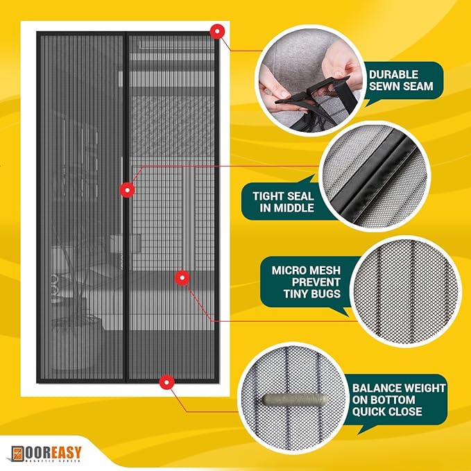 DOOREASY Magnetic Screen Door, Micro Mesh, Heavy Magnets, Loop Fully Sewn Easy Install Door Screens with Magnets, Quick Close No Slightest Gap(Fits Doors Up to 46" x 79") Black