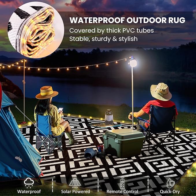 8x10Ft Outdoor Rug, Solar Powered Outdoor Camping Rug with 113LEDs Light Strip, Waterproof Plastic Straw Rug Reversible, Rug Mat for House Deck RV Camping Patio Picnic Beach Balcony (Black White)