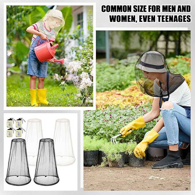 HESTYA 4 Pack Mosquito Head Net Face Mesh Protecting Net for Outdoor Hiking Camping Climbing Mosquito Fly Insects Preventing(Black, Beige)