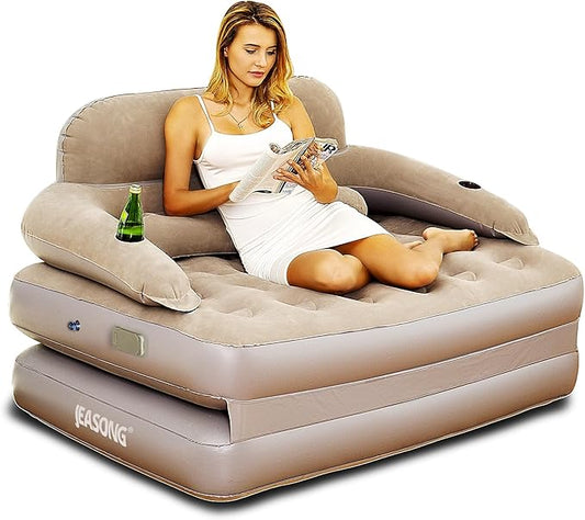 JEASONG Inflatable Chair Sofa with Built-in Rechargeable Pump, 2-in-1 Air Couch & Mattress Bed, One-Touch Inflation, Multifunctional for Home or Outdoor, Foldable, Easy Storage