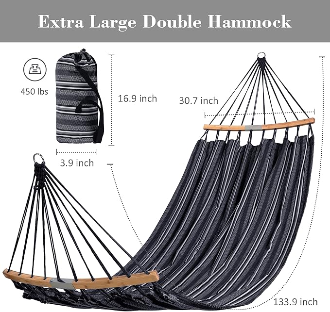 SUNCREAT Hammocks Double Hammock with Curved Spreader Bar, Outdoor Camping Portable Hammock with Carrying Bag & Tree Straps for Patio, Backyard, Balcony, Max 450lbs Capacity, Dark Gray