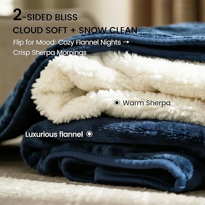 gogobunny Waterproof Bed Blanket, Reversible Sherpa Fleece Throw Blanket for Dog Puppy Cat, Furniture Cover Protects Bed Couch Sofa from Liquid Pee and Pet Fur (Navy Blue, 90x90 inches)
