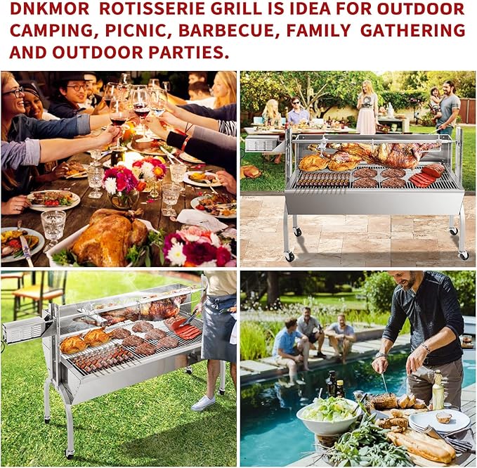 Rotisserie Grill Stainless Steel Charcoal Spit Roaster, 50" Pig Lamb Hooded Roaster Charcoal Spit with 30W Motor & Adjustable Height Lockable Casters for Outdoor Camping Party, Rated 150 LB