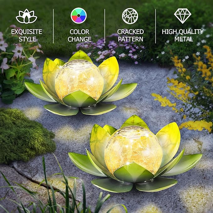 Garden Solar Light Outdoor(2Pack),Crackle Globe Glass Lotus Decoration, Waterproof Metal LED Flower Lights for Patio,Lawn,Walkway,Tabletop,Ground