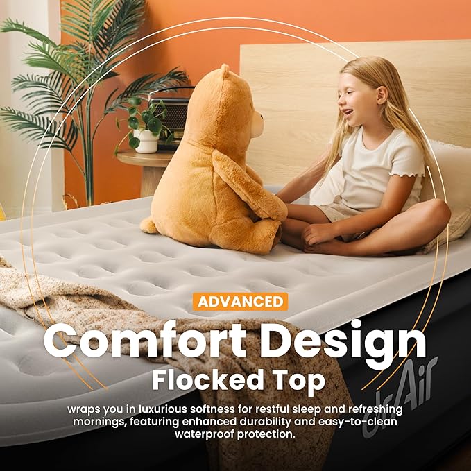 Queen Air Mattress, 18” Raised Inflatable Bed with Built-in Pump, Waterproof Velvety Top, Ergonomic Design, Reinforced Support, and Carry Bag for Home, Camping, and Guests