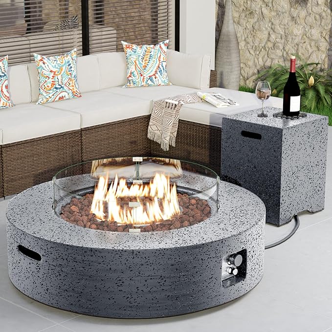 COSIEST 42 inch Outdoor Propane Fire Pit Coffee Table w Concrete Round Base Patio Heater, CSA Certified, 50,000 BTU Stainless Steel Burner, Free Lava Rocks, Rain Cover, Wind Guard, Tank Cover, Gray