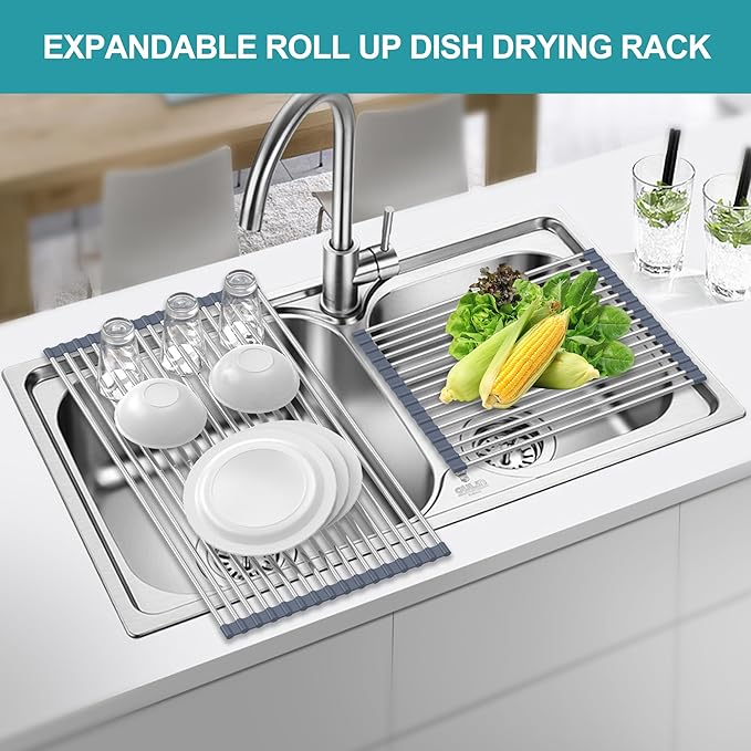BBXTYLY Extra Expandable Roll Up Dish Drying Rack,Over The Sink Drying Rack Sink Cover Kitchen Sink Accessories Kitchen Rolling up Stainless Steel Drainer, Foldable,Rollable（Gray，22.8''-12.4''）