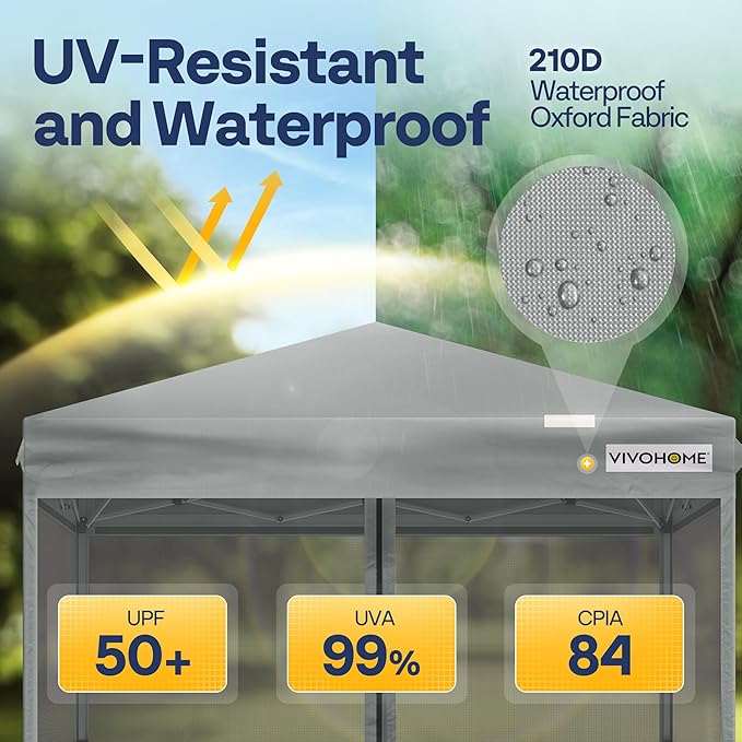 VIVOHOME 8x8ft Easy Pop-Up Canopy, Outdoor Screen Tent with Mosquito Netting, 2 Zipper Doors, and Roller Bag for Yard Camping Picnic Party Events, Grey