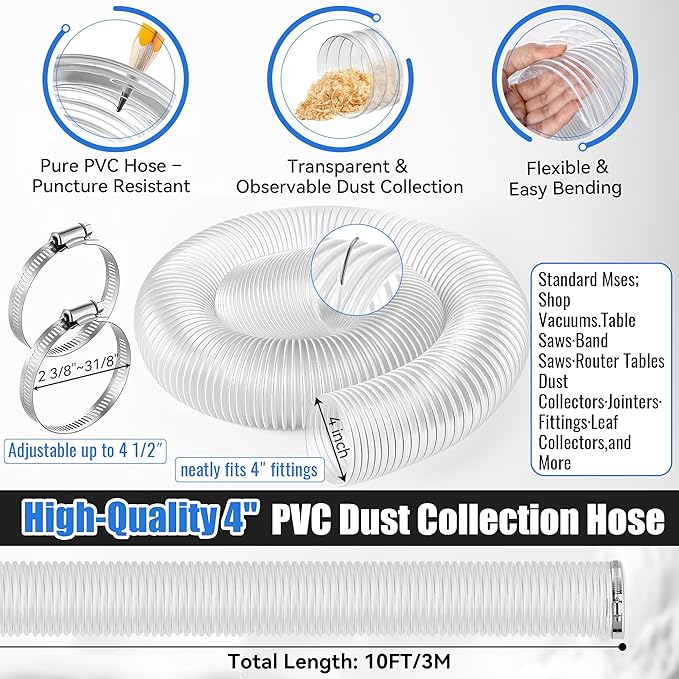 4 in x 10 ft Dust Collection Hose with 4 Inch Y Fitting, 4 Inch Blast Gate with Flex Cuff with 2 Steel Thumbscrew Clamps and 2 Steel Hose Clamps for Dust Collection Fittings Woodshop Vacuum System