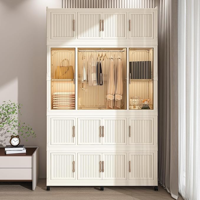 Collapsible Expandable Wardrobe Closet, Multi-Function Plastic Wardrobe,Wardrobes Storage Cabinet (16 Cubes+1 Hanging Rod 1)