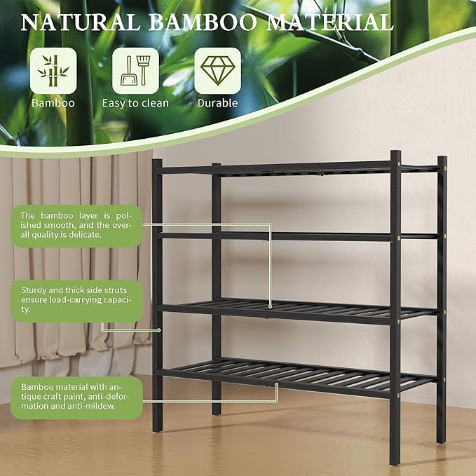 4 Tier Bamboo Shoe Rack for Closet Free Standing Wood Shoe Shelf for Entryway Small Space Stackable 27"x11"x26" (Black)