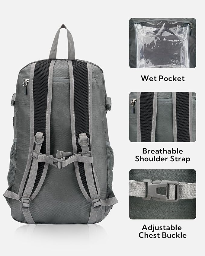 WATERFLY Lightweight Packable Hiking Backpack: 30L Foldable Travel Daypack Ultralight Camping Day Pack for Woman Man