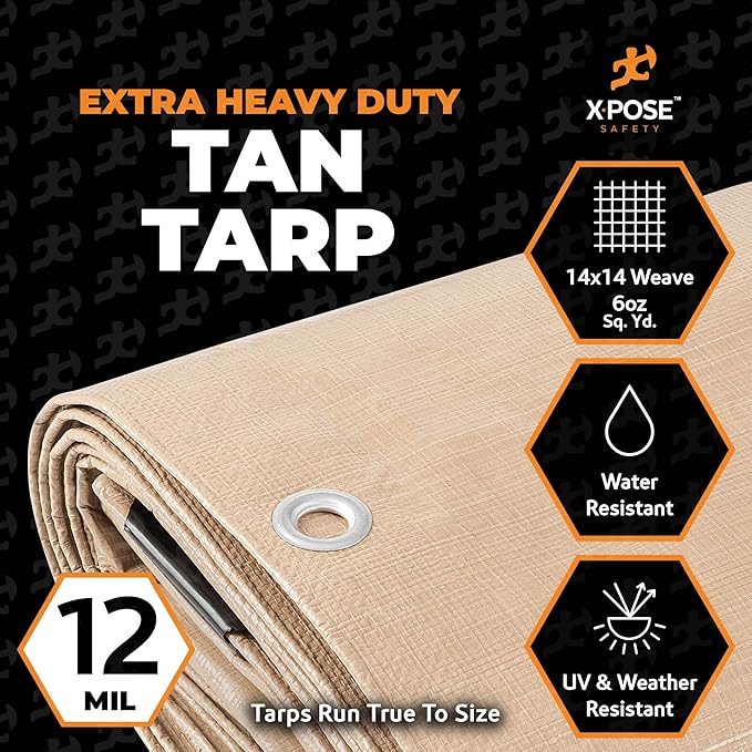 Heavy Duty Tan Poly Tarp 40' X 60' - Multipurpose Protective Cover - Durable, Waterproof, Weather Proof, Rip and Tear Resistant - Extra Thick 12 Mil Polyethylene - by Xpose Safety