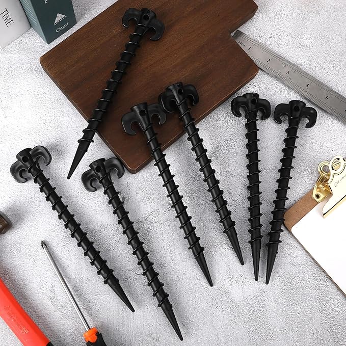 AUGSUN 16 Pack Plastic Tent Stakes Heavy Duty, Black Sand Stakes for Beach 7.5 Inch Screw in Tent Stakes Spiral Ground Anchors Tent Pegs Canopy Stakes for Inflatables Outdoor Camping Hiking Garden