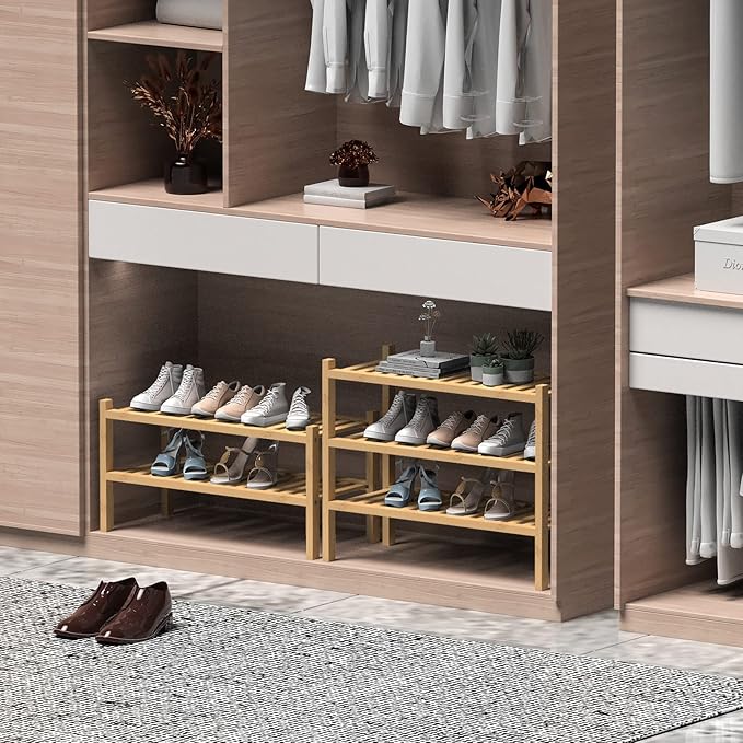 (Thick Bamboo Shoe Rack for Entryway, 2-Tier Free Standing Shoe Racks Stackable Shoe Rack Organizer for Hallway Closet Living Room 27 x12 x14 Inches