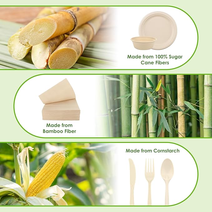 Disposable Paper Plates Set 300PCS Compostable Sugarcane Plates, Bowls, Heavy-duty Utensil, Biodegradable Napkins, Eco-friendly Dinnerware Set for Party Camping 50 People