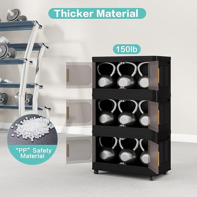 Holaki 195 QT Collapsible Closet Organizers with Lid, 5 Tiers Stackable Plastic Storage Bins Cabinet with Wheels and Magnetic Door (Black)