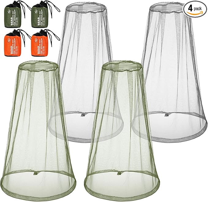 HESTYA 4 Pack Mosquito Head Net Face Mesh Protecting Net for Outdoor Hiking Camping Climbing Mosquito Fly Insects Preventing(Gray, Army Green)