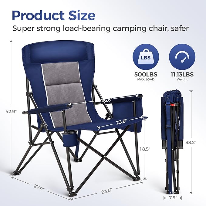ALPHA CAMP Heavy Duty High Back Camping Chairs with Cup Holder Oversized Folding Chair Outdoor Chair with Headrest,Lawn with Side Pocket for Lawn, Sports and Fishing, 500lbs