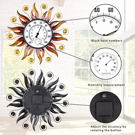 Indoor Outdoor Thermometer, Sun Wall-Mounted Thermometer with Humidity, Easy to Read Decorative Outside Thermometer for Patio, Garden, No Require Batteries