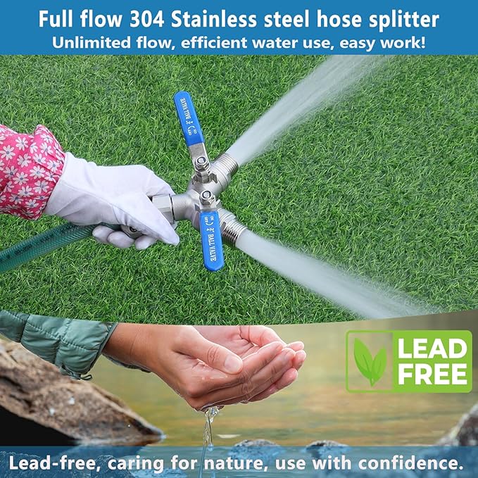 304 Stainless Steel Garden Hose Splitter 2 Way Heavy Duty, Full Flow Y Valve Water Hose Splitter With Long Handle, Lead-free，3/4" GHT Thread