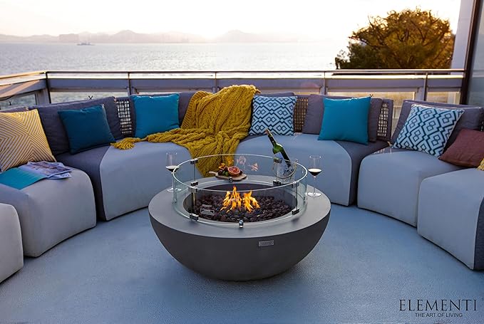 Elementi | Bundle Lunar Gas Fire Pit Cast Concrete 42" Round Fire Table, Outdoor Fire Pit Electronic Ignition | Canvas Cover, Lava Rock Included | Light Gray (Natural Gas)