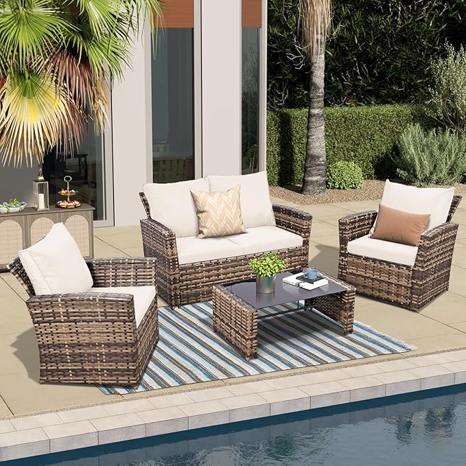 4 Piece Outdoor Patio Furniture Set,Wicker Conversation Sets Outdoor Sectional Patio Sofa Couch with Cushions & Coffee Table for Outside, Garden, Balcony, Porch,Yellow/Beige