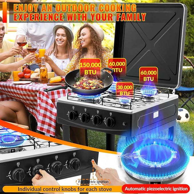 4 Burner Propane Gas Stove,300000BTU Portable Gas Stove with Support Leg Stand and Wind Blocking Cover Adapter Auto Ignition Camping Stove,propane burner for RV, Apartment, Outdoor Cooking