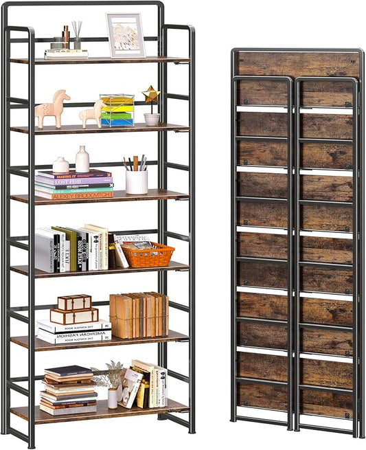 4NM No-Assembly 6 Tiers Folding Bookshelf Storage Shelves Vintage Bookcase Standing Racks Study Organizer Home Office (Rustic Brown Black)